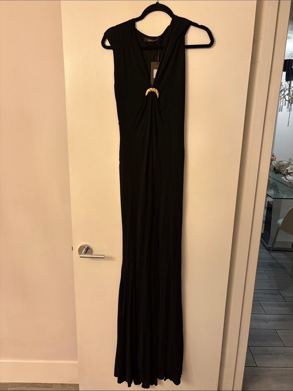 Roberto Cavalli Black Maxi Dress with Gold Ring Detail